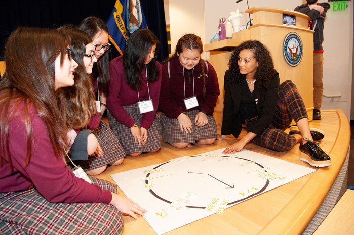 2017 Miss USA and scientist K󠇯ára McCullough (right) demonstrates a fun math project during the Carderock Math Contest on April 12, 2019, at Naval Surface Warfare Center, Carderock Division in West Bethesda, Md. (U.S. Navy photo by Nicholas Brezzell/Released)