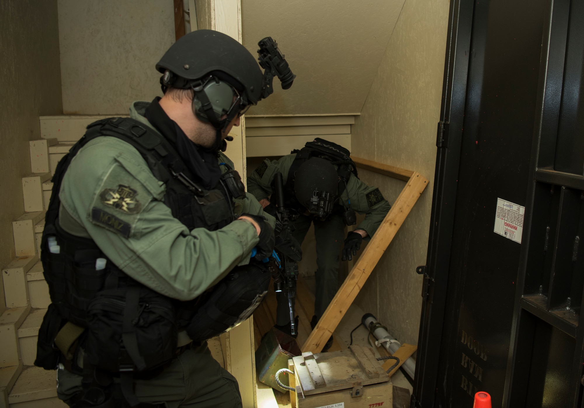 Members of the Charleston County S.W.A.T. team clear a room in a shoot house during a joint training exercise with Citadel cadets and members of the 628th Security Forces Squadron April 12, 2019, on Naval Weapons Station Charleston, Joint Base Charleston, S.C.