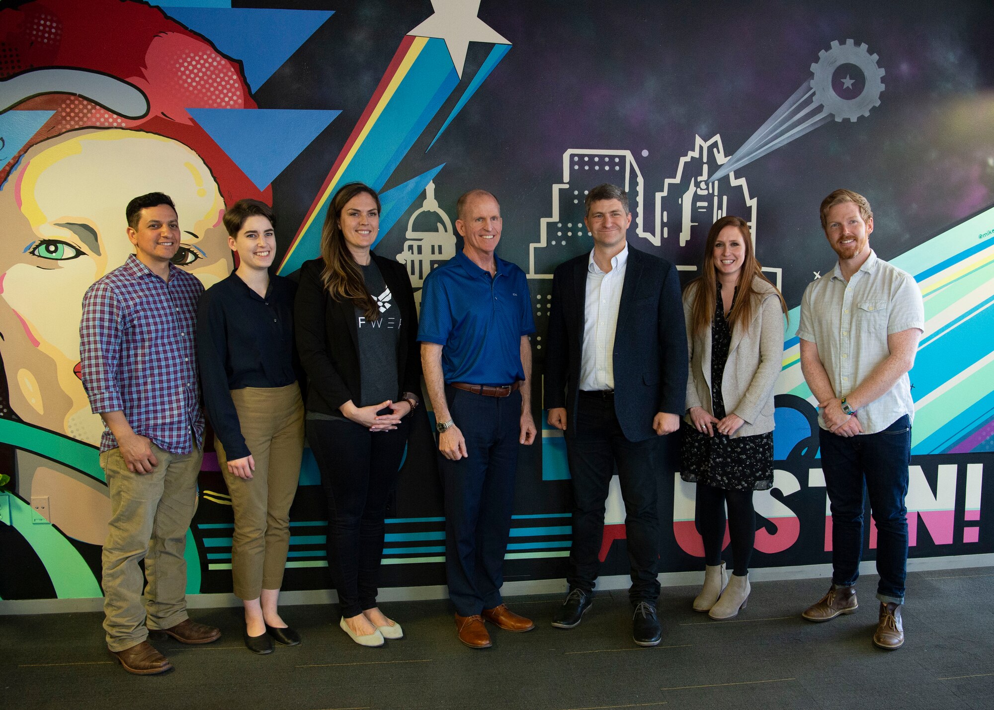 Air Force Vice Chief of Staff Gen. Stephen W. Wilson poses with AFWERX, Capital Factory and Air Force personnel  at AFWERX in Austin, Texas April 9, 2019.