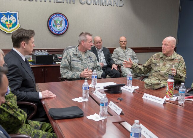 SpaceX CEO Elon Musk discusses U.S. space operations with Gen. Jay Raymond, the Commander, Air Force Space Command, and Joint Force Space Component Commander; and Gen Terrence O’Shaughnessy, the Commander of the North American Aerospace Defense Command and U.S. Northern Command, April 15, 2019. During Musk’s visit to Colorado Springs, Colorado, he participated in conversations and round table briefings about future space operations and homeland defense innovation.