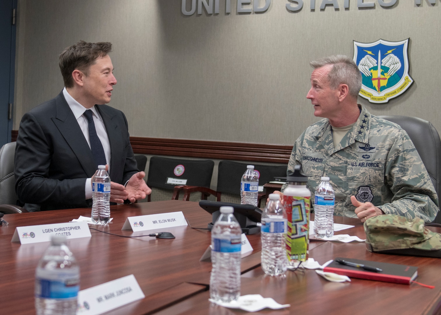 SpaceX CEO Elon Musk discusses U.S. space operations with U.S. Air Force General Terrence O’Shaughnessy, the Commander of the North American Aerospace Defense Command and U.S. Northern Command, April 15, 2019. During Musk’s visit to Colorado Springs, Colorado he participated in conversations and round table briefings about future space operations and homeland defense innovation.