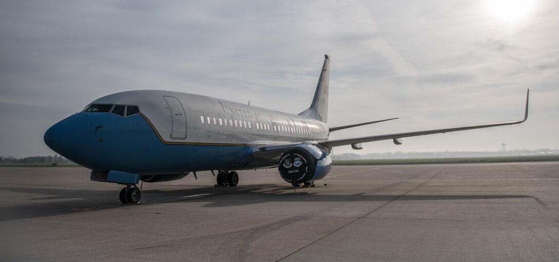 A 932nd Airlift Wing Boeing C-40C sits on the flightline,  during a foggy morning at Scott Air Force Base, Illinois, April 6, 2019. The 932nd AW is the only Air Force Reserve Command wing flying the C-40C executive airlift mission in support of worldwide operations.  (U.S. Air Force photo by Christopher Parr)