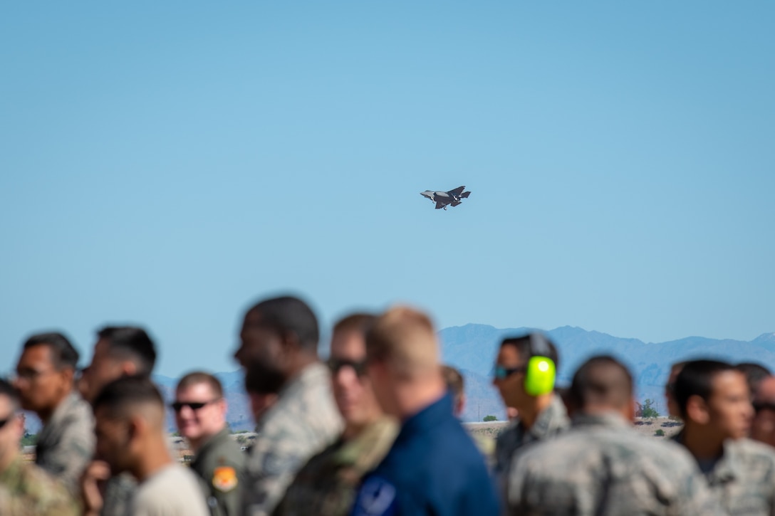 An F-35A Lightning II assigned to the 56th Fighter Wing comes in for landing during the 1st Quarter Load Crew Competition, April 11, 2019, at Luke Air Force Base, Ariz.