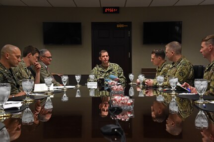 U.S. Navy Vice Adm. David Kriete, U.S. Strategic Command deputy commander, welcomes U.S. Army Command and General Staff College (CGSC) Art of War Scholars to USSTRATCOM Headquarters at Offutt Air Force Base, Nebraska, April 16, 2019. Kriete briefed the scholars about USSTRATCOM’s missions and provided the command’s perspective on nuclear deterrence. The visit is part of USSTRATCOM’s ongoing effort to educate up and coming leaders about the nuclear enterprise.