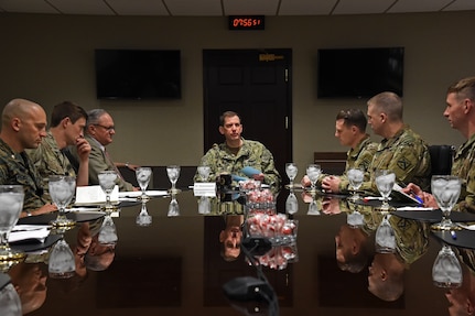 U.S. Navy Vice Adm. David Kriete, U.S. Strategic Command deputy commander, welcomes U.S. Army Command and General Staff College (CGSC) Art of War Scholars to USSTRATCOM Headquarters at Offutt Air Force Base, Nebraska, April 16, 2019. Kriete briefed the scholars about USSTRATCOM’s missions and provided the command’s perspective on nuclear deterrence. The visit is part of USSTRATCOM’s ongoing effort to educate up and coming leaders about the nuclear enterprise.