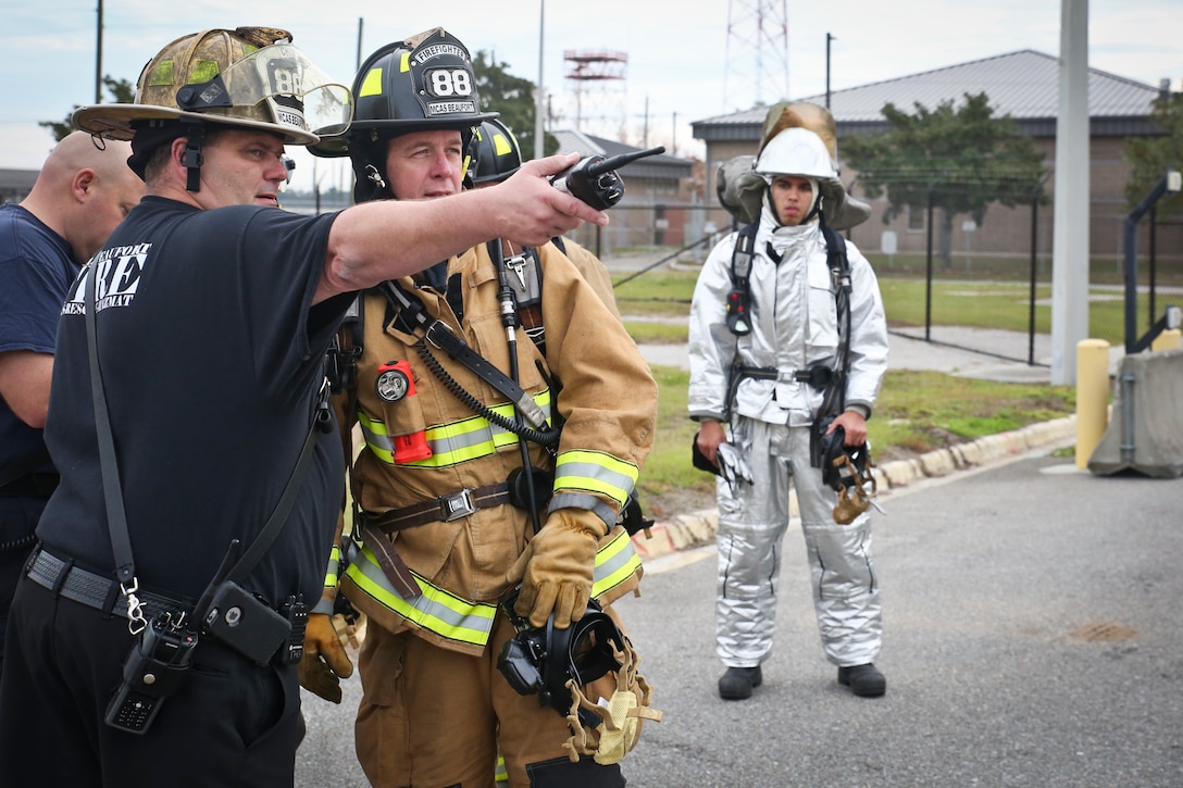 Fire Chief Darran Vaughn gives directions during a training exercise aboard Marine Corps Air Station Beaufort, December 6, 2017. Vaughn has been the fire chief of MCAS Beaufort Fire and Emergency Services since 2016.