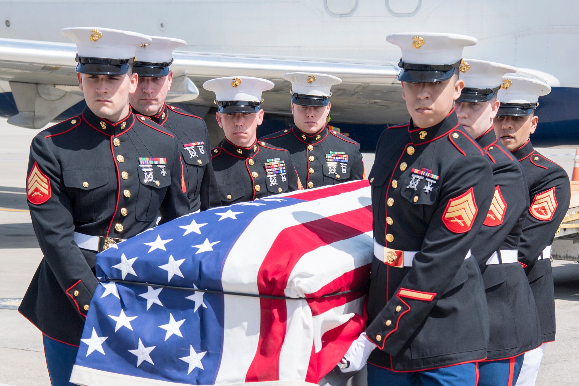 Marines from Detachment 1, Communications Company, Combat Logistics Regiment 45, 4th Marine Logistics Group, conduct a dignified transfer of Pvt. Fred Freet, 18, of Marion, Indiana, at the Indianapolis International Airport April 16, 2019. Freet was killed in action during World War II, and initially declared by the military as unrecoverable, killed in action until Aug. 6, 2018 when the U.S. Navy positively identified his remains. (U.S. Air Force photo/Master Sgt. Ben Mota)