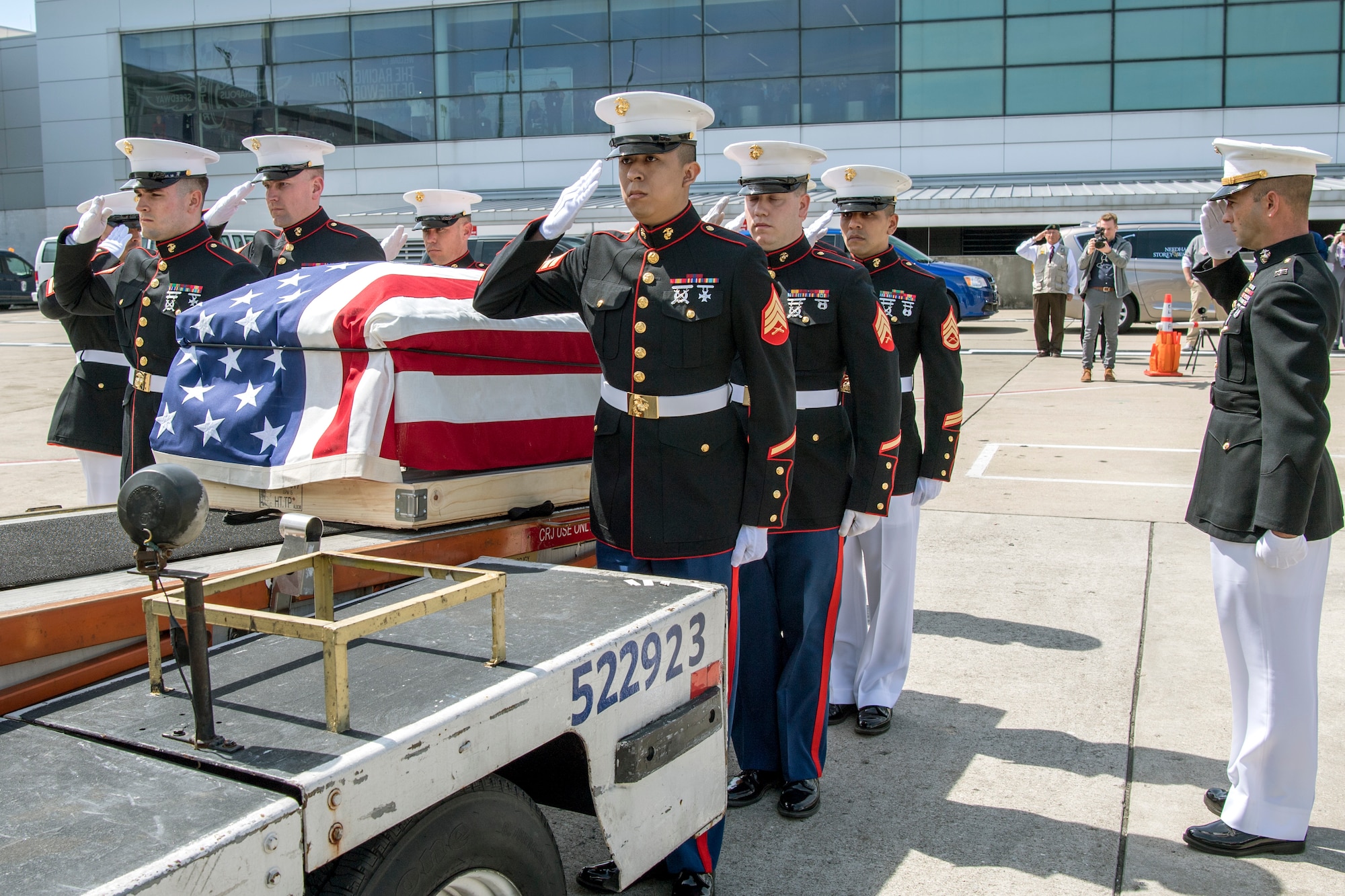 Marines from Detachment 1, Communications Company, Combat Logistics Regiment 45, 4th Marine Logistics Group, render a salute to the casket of Pvt. Fred Freet, 18, of Marion, Indiana, during a dignified transfer at the Indianapolis International Airport April 16, 2019. Marines were humbled by the experience of returning one of their own, a World War II veteran who until recently had been declared as unrecoverable killed in action by the. (U.S. Air Force photo/Master Sgt. Ben Mota)