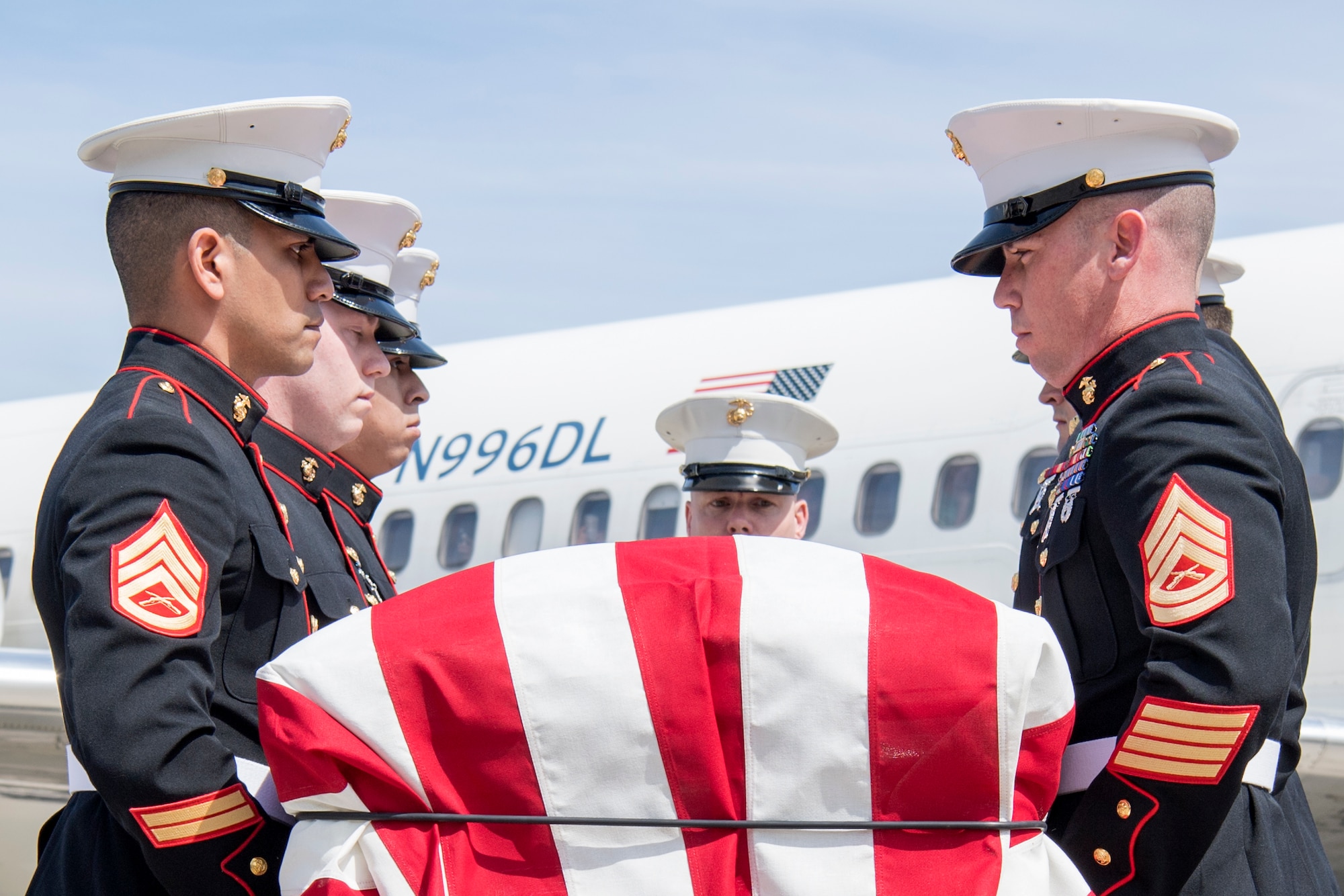 Marines from Detachment 1, Communications Company, Combat Logistics Regiment 45, 4th Marine Logistics Group, conduct a dignified transfer of Pvt. Fred Freet, 18, of Marion, Indiana, at the Indianapolis International Airport April 16, 2019. Freet was killed in action during World War II, and initially declared by the military as unrecoverable killed in action until Aug. 6, 2018 when the U.S. Navy positively identified his remains. (U.S. Air Force photo/Master Sgt. Ben Mota)