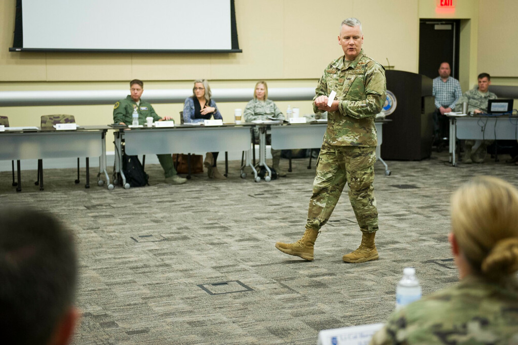 Maj. Gen. James A. Jacobson, Air Force District of Washington commander, speaks to newly selected squadron commanders and spouses during the 2019 AFDW Squadron Commanders and Spouses Course at Joint Base Andrews, Maryland, April 15, 2019. (U.S. Air Force photo by Master Sgt. Michael B. Keller)