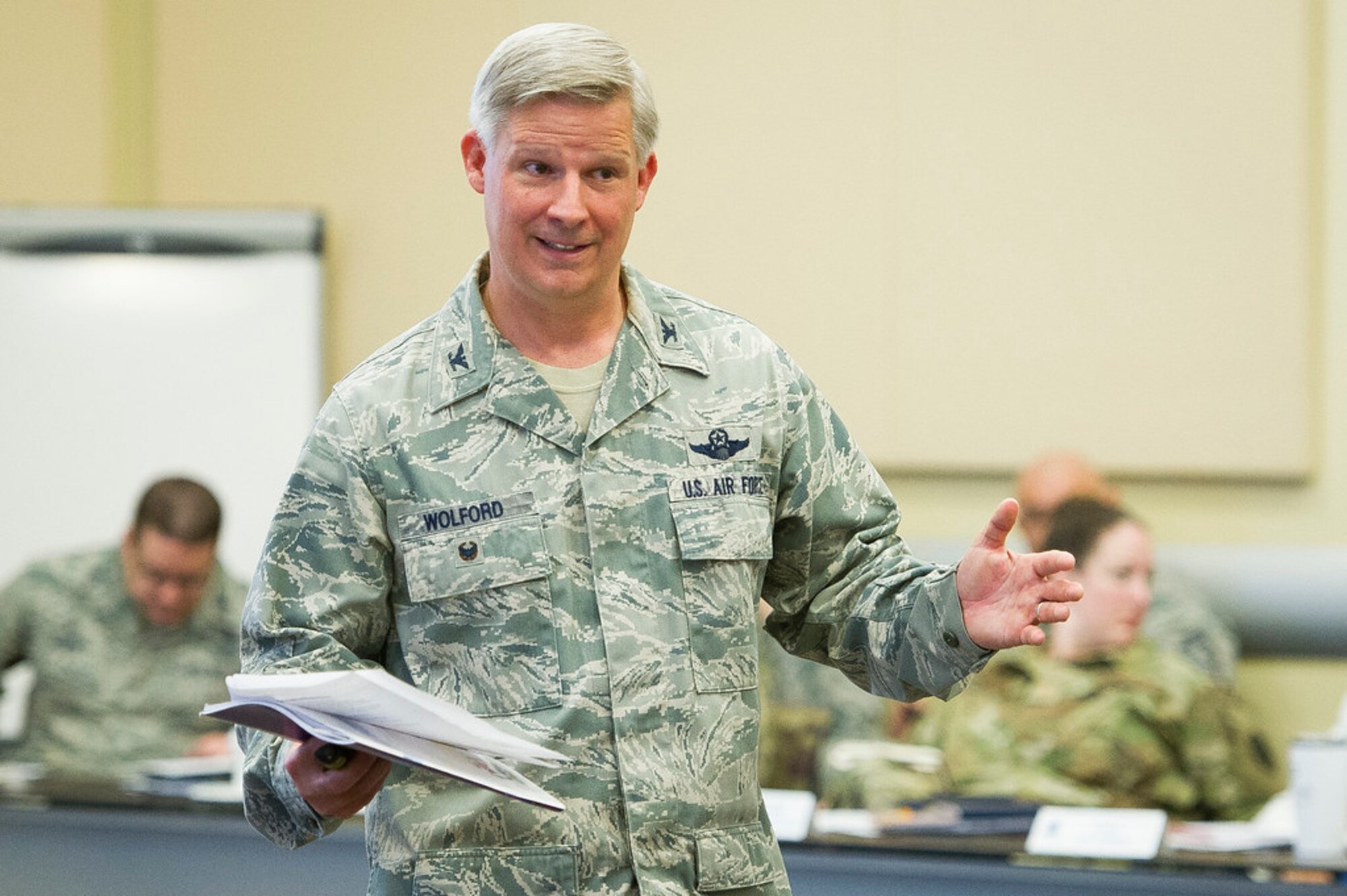 Col. Bryan Wolford, National War College faculty seminar leader, discusses how squadron commanders can impact National Security Strategy objectives during the 2019 AFDW Squadron Commanders Course at Joint Base Andrews, Maryland, April 15, 2019. (U.S. Air Force photo by Master Sgt. Michael B. Keller)