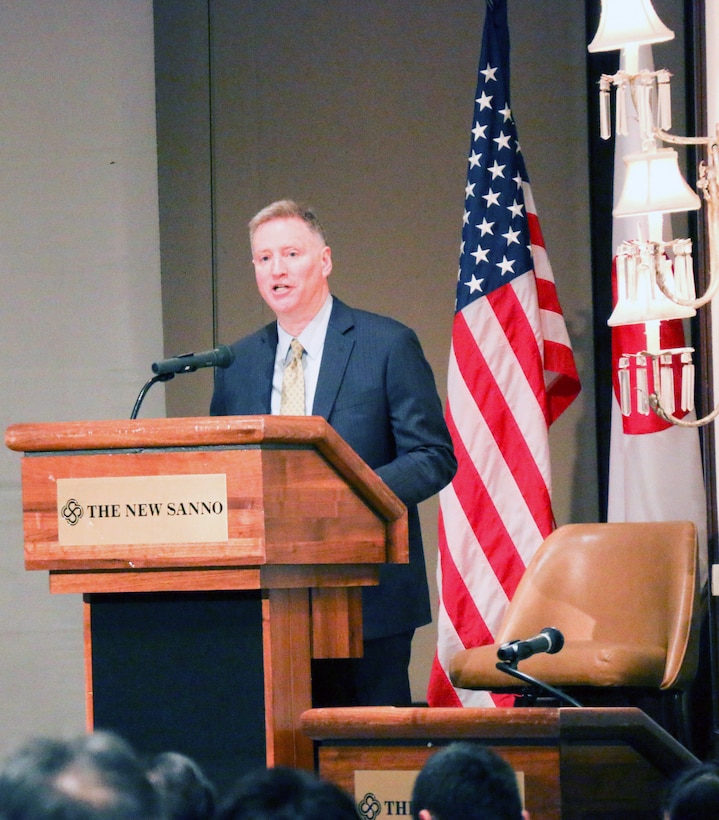 U.S. Embassy Deputy Chief of Mission Joseph M. Young speaks to those in attendance at the Bilateral Senior Engineer Conference February 20-22 at the New Sanno Hotel, Tokyo, Japan.