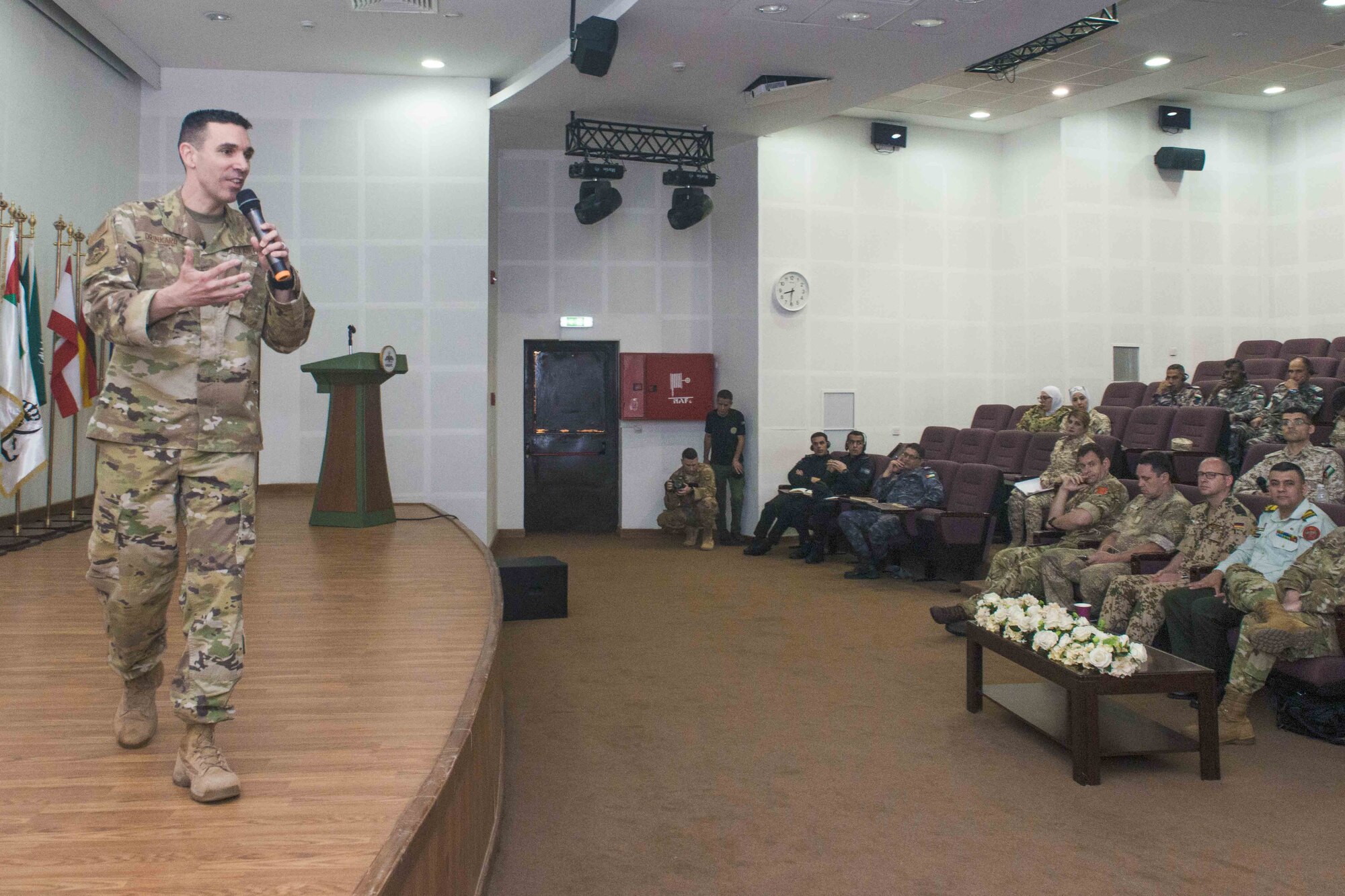 A photo of Chief Master Sgt. Shawn Drinkard giving a speech to enlisted leaders from around the world.