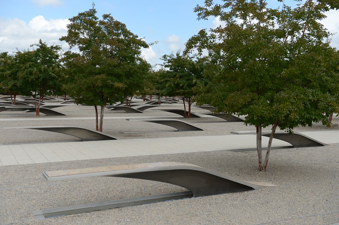 Benches and trees are spaced out to make up the National 9/11 Pentagon Memorial.