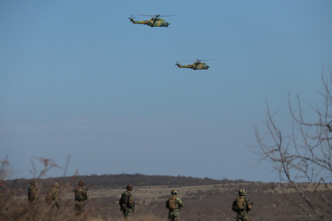 Romanian soldiers with the 341st Infantry Battalion rehearse air-support operations with IAR 330L Pumas, along with U.S. Marines with Special Purpose Marine Air-Ground Task Force-Crisis Response-Africa 19.1, Marine Forces Europe and Africa, during Platinum Eagle 19.1, a multilateral training exercise held at Babadag Training Area, Romania, March 19, 2019. SPMAGTF-CR-AF is deployed to conduct crisis-response and theater-security operations in Africa and promote regional stability by conducting military-to-military training exercises throughout Europe and Africa. (U.S. Marine Corps photo by 1st Lt. Christin St. John)
