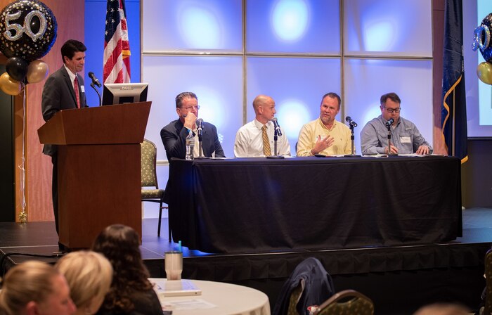 Leadership from Naval Information Warfare Center (NIWC) Atlantic’s Expeditionary Warfare Department hosts a panel discussion about services provided to Marine Corps Systems Command, their largest sponsor, and upcoming opportunities for industry during the 50th Small Business Industry Outreach Initiative April 2, 2019, at Trident Technical College in Charleston, S.C.