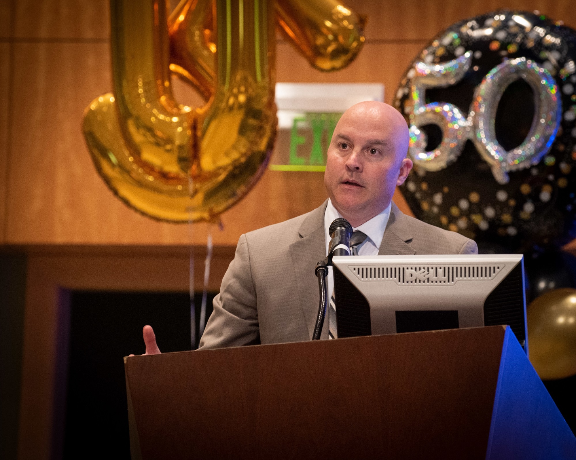Steve Harnig, Naval Information Warfare Center (NIWC) Atlantic chief of contracting, provides an update on the current contracting strategy, initiatives and metrics relevant to industry partners during the 50th Small Business Industry Outreach Initiative April 2, 2019, at Trident Technical College in Charleston, S.C.