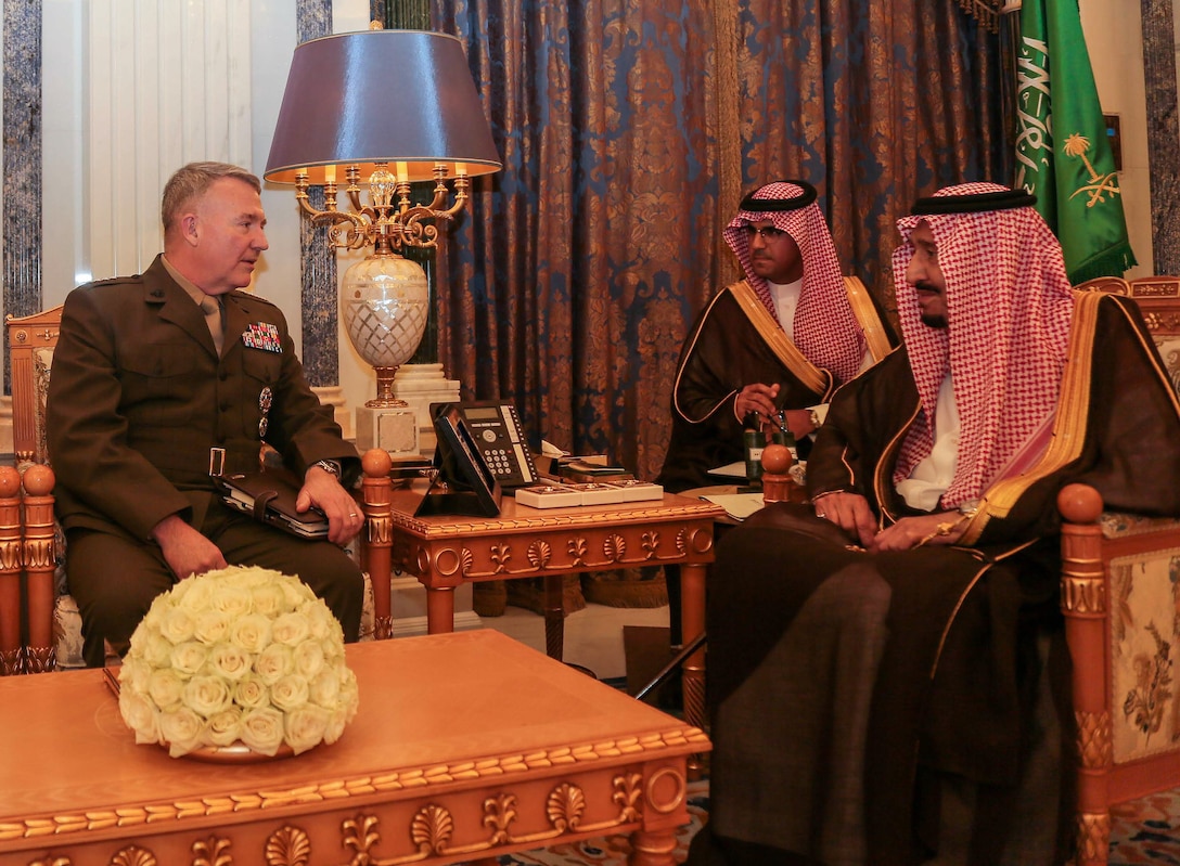 U.S. Marine Corps Gen. Kenneth F. McKenzie Jr., U.S. Central Command commander, meets with Salman bin Abdulaziz Al Saud, King of Saudi Arabia, during his visit to Saudi Arabia, April 15, 2019. This meeting allowed McKenzie to reinforce mil-to-mil relationships between the partner countries, develop continued strategies to counter extremist networks, and gain a better understanding of current operations within the USCENTCOM area of operation. (U.S. Army photo by Sgt. Franklin Moore)
