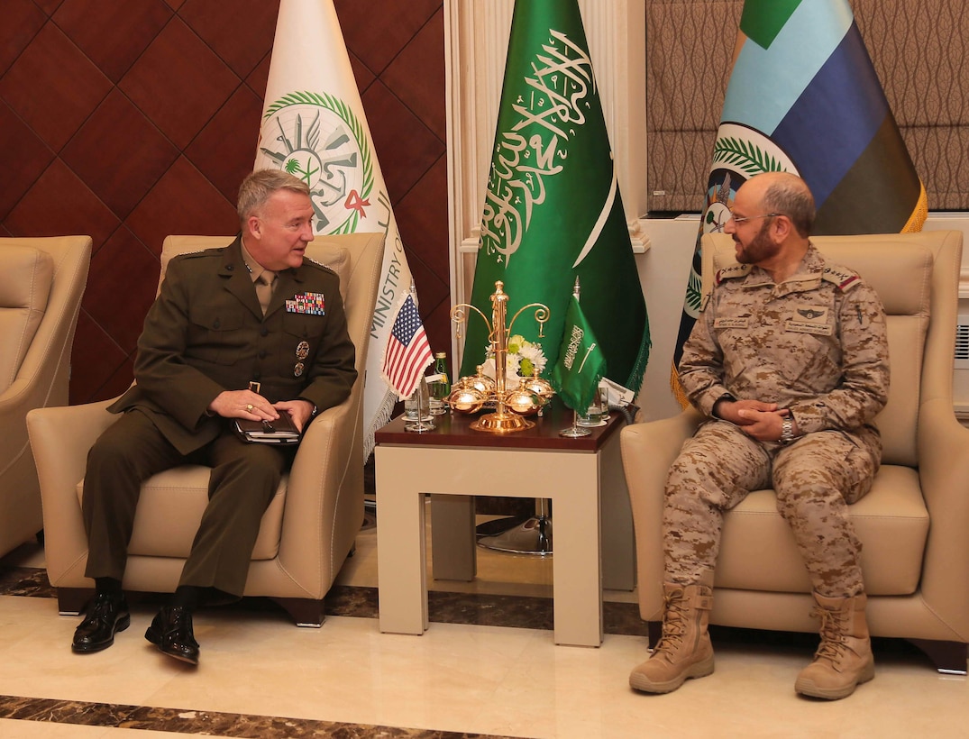 U.S. Marine Corps Gen. Kenneth F. McKenzie Jr., U.S. Central Command commander, meets with Gen. Fayyad bin Hamed Al - Ruwaili, Saudi military chief-of-staff, during his visit to Saudi Arabia, April, 15 2019. This meeting allowed McKenzie to reinforce mil-to-mil relationships between the partner countries, develop continued strategies to counter extremist networks, and gain a better understanding of current operations within the USCENTCOM area of operation. (U.S. Army photo by Sgt. Franklin Moore)
