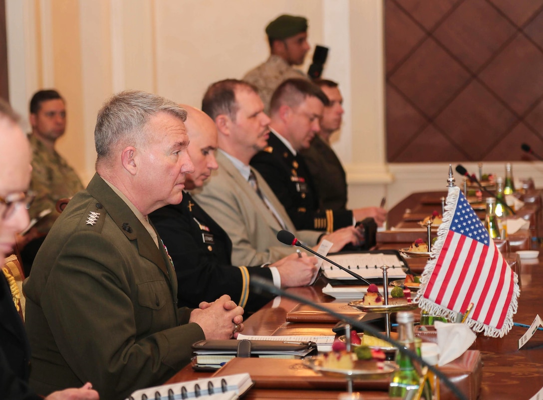 U.S. Marine Corps Gen. Kenneth F. McKenzie Jr., U.S. Central Command commander, meets with key leaders and military officials during his visit to Saudi Arabia, April 15, 2019. This meeting allowed McKenzie to reinforce mil-to-mil relationships between the partner countries, develop continued strategies to counter extremist networks, and gain a better understanding of current operations within the USCENTCOM area of operation. (U.S. Army photo by Sgt. Franklin Moore)