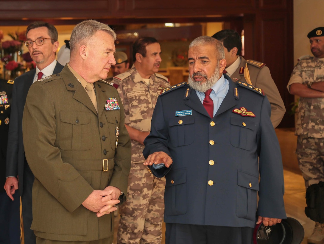 U.S. Marine Corps Gen. Kenneth F. McKenzie Jr., U.S. Central Command commander, left, meets with Lt. Gen. Ghanim Bin Shaheen Al Ghanim, Chief of Staff of Qatar Armed Forces, during his visit to Qatar, April, 14 2019. This meeting allowed McKenzie to reinforce the mil-to-mil relationships between the partner countries, develop continued strategies to counter extremist networks, and gain a better understanding of current operations within the USCENTCOM area of operation. (U.S. Army photo by Sgt. Franklin Moore)