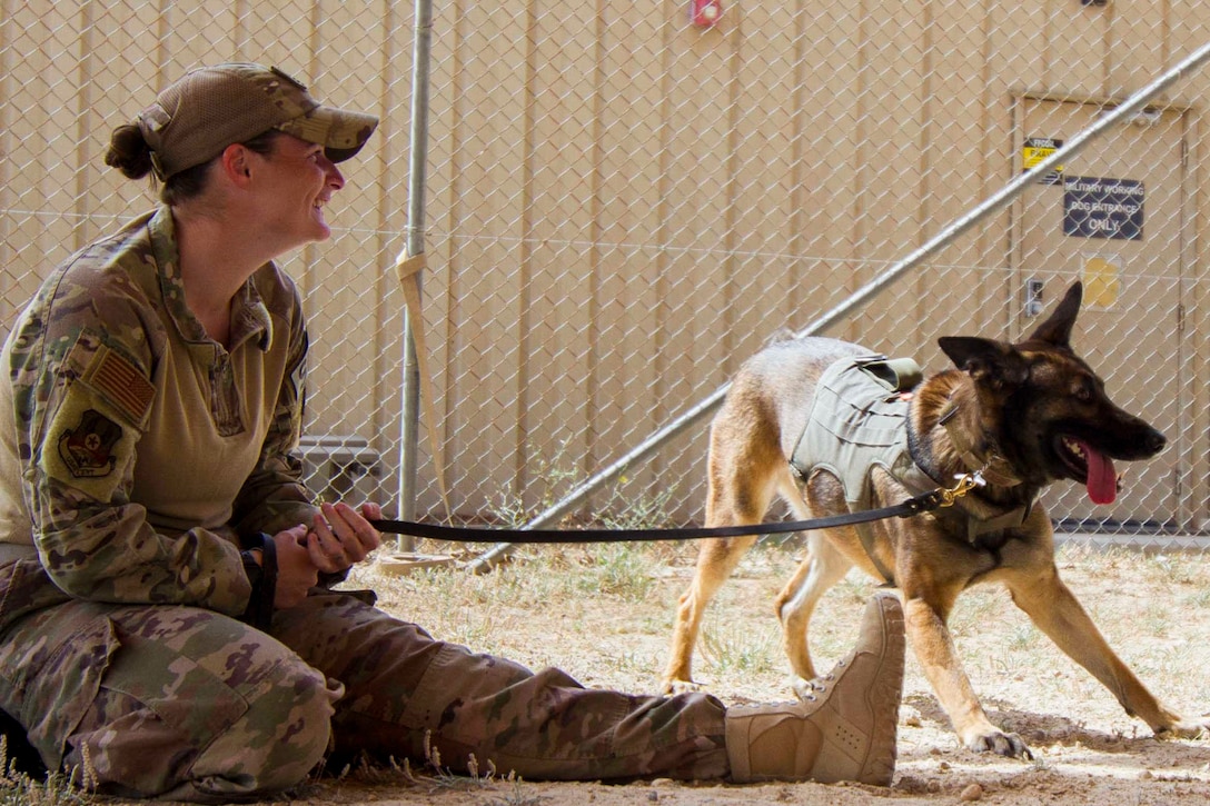 A soldier sits on the ground holding a dog on a leash.