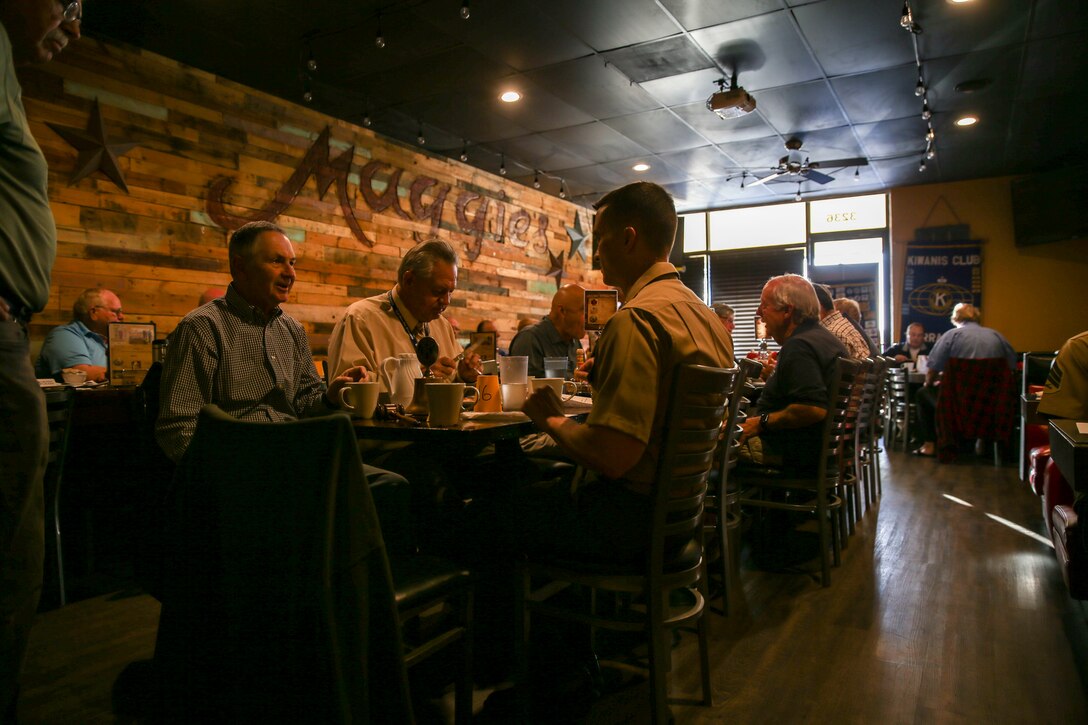 Col. Charles B. Dockery, commanding officer of Marine Corps Air Station Miramar, enjoys breakfast with members of the Kiwanis Club of Tierrasanta in San Diego, April 17. The Kiwanis Club of Tierrasanta invited Dockery to breakfast to discuss the overview of MCAS Miramar and the Marine Corps’ current priorities. (U.S. Marine Corps photo by Sgt. Sarah Ralph)