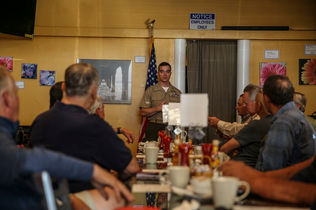 Col. Charles B. Dockery, commanding officer of Marine Corps Air Station Miramar, answers questions from members of the Kiwanis Club of Tierrasanta in San Diego, April 17. The Kiwanis Club of Tierrasanta invited Dockery to breakfast to discuss the overview of MCAS Miramar and the Marine Corps’ current priorities. (U.S. Marine Corps photo by Sgt. Sarah Ralph)