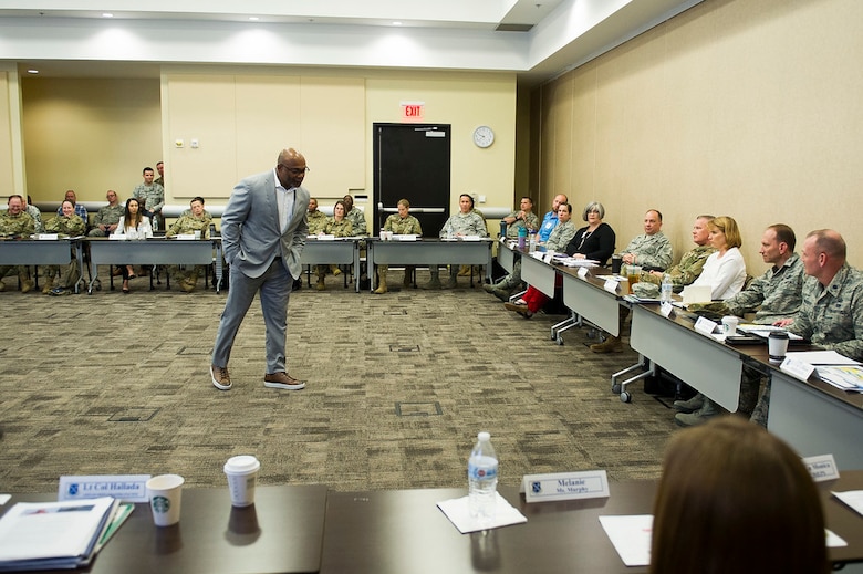 Malcolm Blacken, Director of Player Development for the Washington Redskins, answers questions during the 2019 AFDW Squadron Commanders Course at Joint Base Andrews, Md., April 16, 2019. (U.S. Air Force photo by Master Sgt. Michael B. Keller)