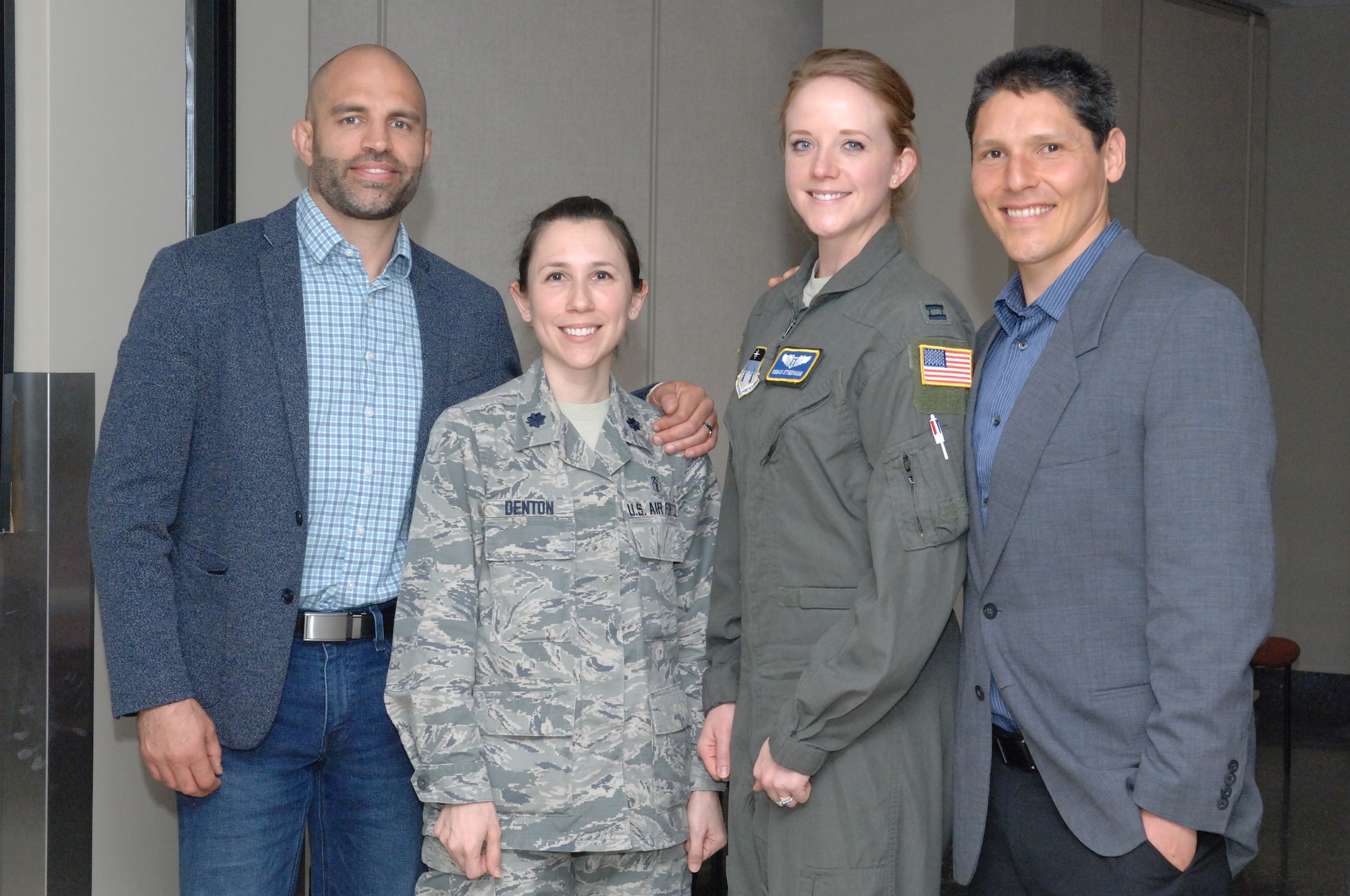 (Left to right) James Wilks, producer of The Game Changers, Lt. Col. Amanda Denton, nutritional medicine flight commander, Dr. Capt. Regan Stiegman, U.S. Air Force Academy flight surgeon, and David Goldman, dietician and scientific advisor, pose for a photo following the screening of The Game Changers, April 4, 2019, at the Wright-Patterson Medical Center, Ohio. The evidence-based documentary about plant-based eating for performance nutrition and health was shown as a continuing education opportunity for 88 MDG staff members. (Courtesy photo)