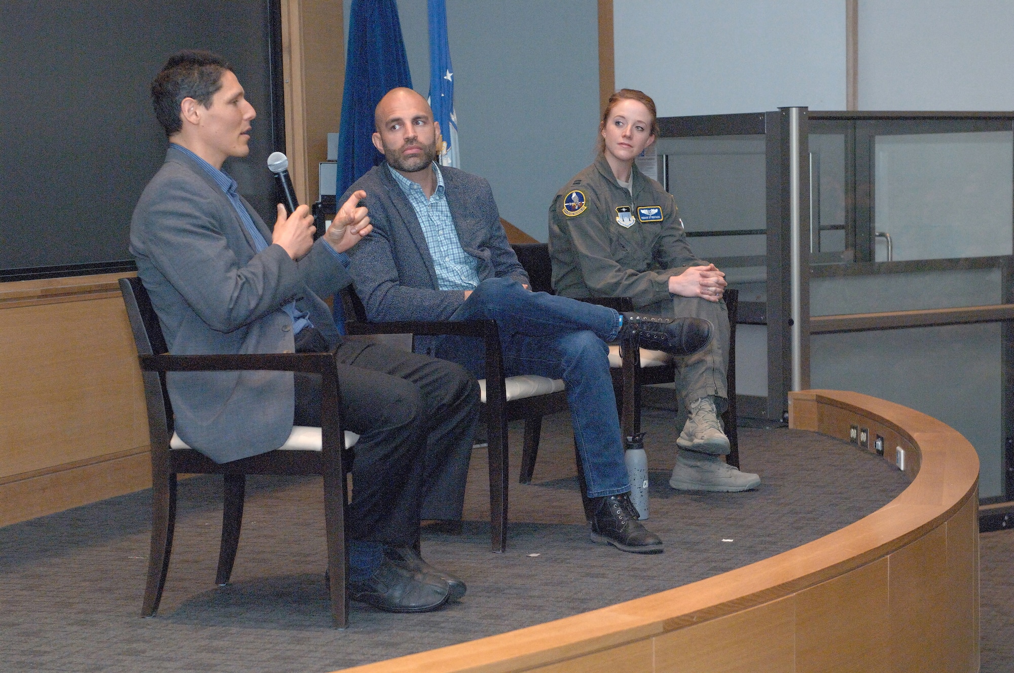 David Goldman, (left) dietician and scientific advisor, James Wilks, (center) producer, and Dr. Capt. Regan Stiegman, U.S. Air Force Academy flight surgeon, answer questions of 88th medical group personnel following the screening of The Game Changers, April 4, 2019, at the Wright-Patterson Medical Center, Ohio. The evidence-based documentary about plant-based eating for performance nutrition and health was shown as a continuing education opportunity for 88 MDG staff members. (Courtesy photo)