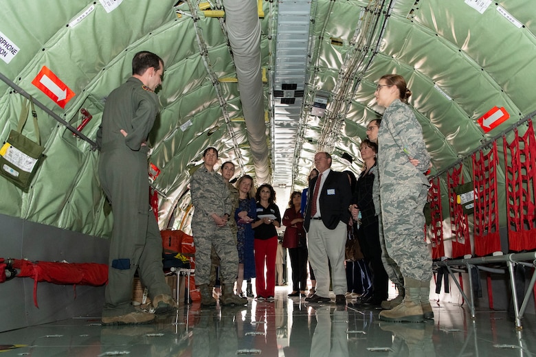 U.S. Air Force boom operator gives speech to group.