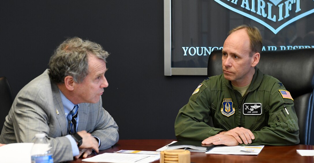 Ohio U.S. Sen. Sherrod Brown, (left) discusses the 910th Airlift Wing’s mission and future projects with Col. Joe Janik, (right) 910th AW commander, on April 16, 2019 in the 910 AW command suite here.