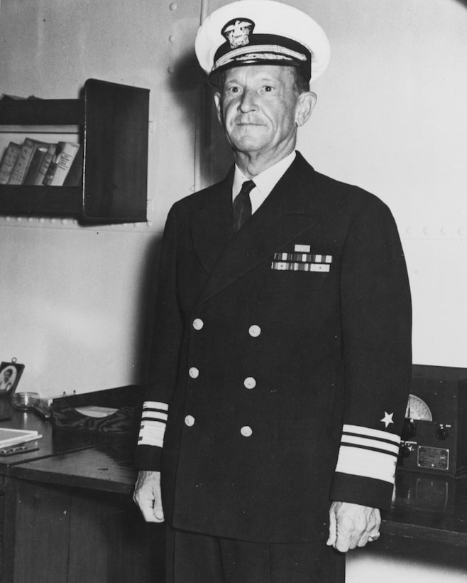 Navy Vice Adm. Frank Jack Fletcher poses aboard a ship.