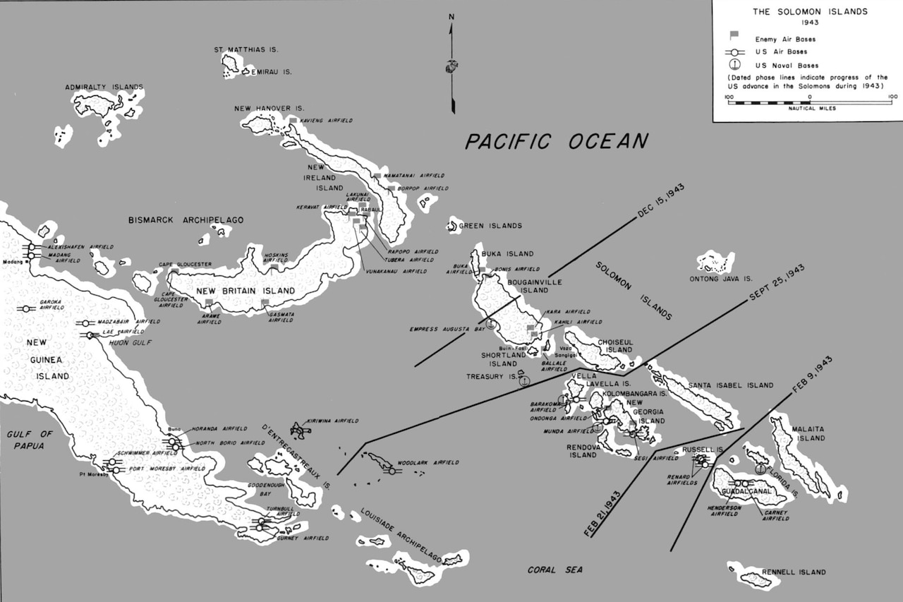 Map of Solomon Islands showing the Allied advance during World War II