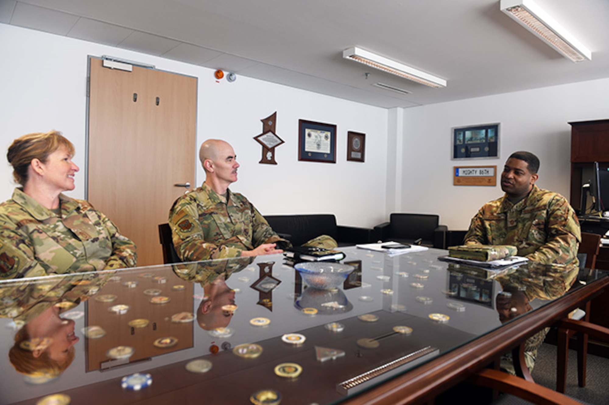 Chief Master Sgt. Ronald Anderson, Air National Guard command chief and Chief MSgt. Lorene Kitzmiller, ANG first sergeant functional,  met with Chief Master Sgt. Phillip L. Easton, U.S. Air Forces Europe and U.S. Air Forces Africa command chief master sergeant, at USAFE headquarters, Ramstein Air Base, Germany, April 15, 2019, in efforts to expand ANG enlisted influence throughout the U.S. Air Force.