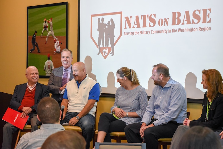 Gregory McCarthy, senior vice president, community engagement for the Washington Nationals, introduces members of the leadership panel to incoming Air Force District of Washington commanders and their spouses at Nationals Park, Washington, Aug. 16. The panel is part of AFDW's week-long Squadron Commanders and Spouses Course. (U.S. Air Force photo by 2d Lt Jessica Cicchetto)