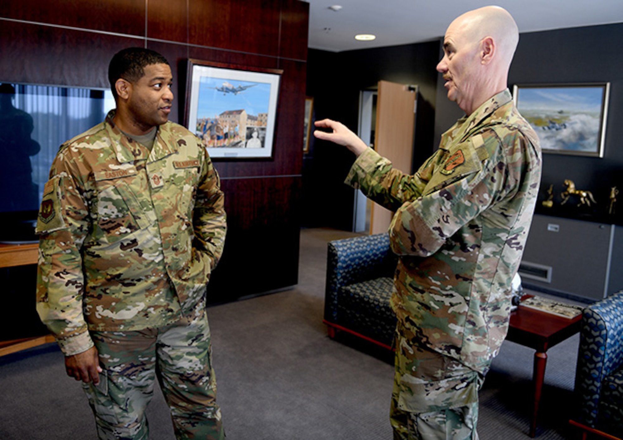 Chief Master Sgt. Ronald Anderson, Air National Guard command chief and Chief MSgt. Lorene Kitzmiller, ANG first sergeant functional,  met with Chief Master Sgt. Phillip L. Easton, U.S. Air Forces Europe and U.S. Air Forces Africa command chief master sergeant, at USAFE headquarters, Ramstein Air Base, Germany, April 15, 2019, in efforts to expand ANG enlisted influence throughout the U.S. Air Force.