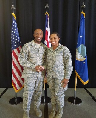 Senior Airman Erika Watson meets Chief Master Sgt. Kaleth O. Wright, Chief Master Sgt. of the Air Force. (Courtesy Photo)