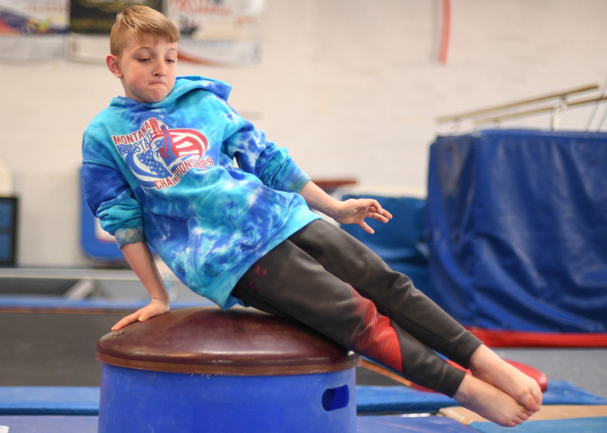 Caedmon Cox, son of Joseph Cox, 40th Helicopter Squadron, practices circles on the mushroom April 11, 2019, in Great Falls, Mont.