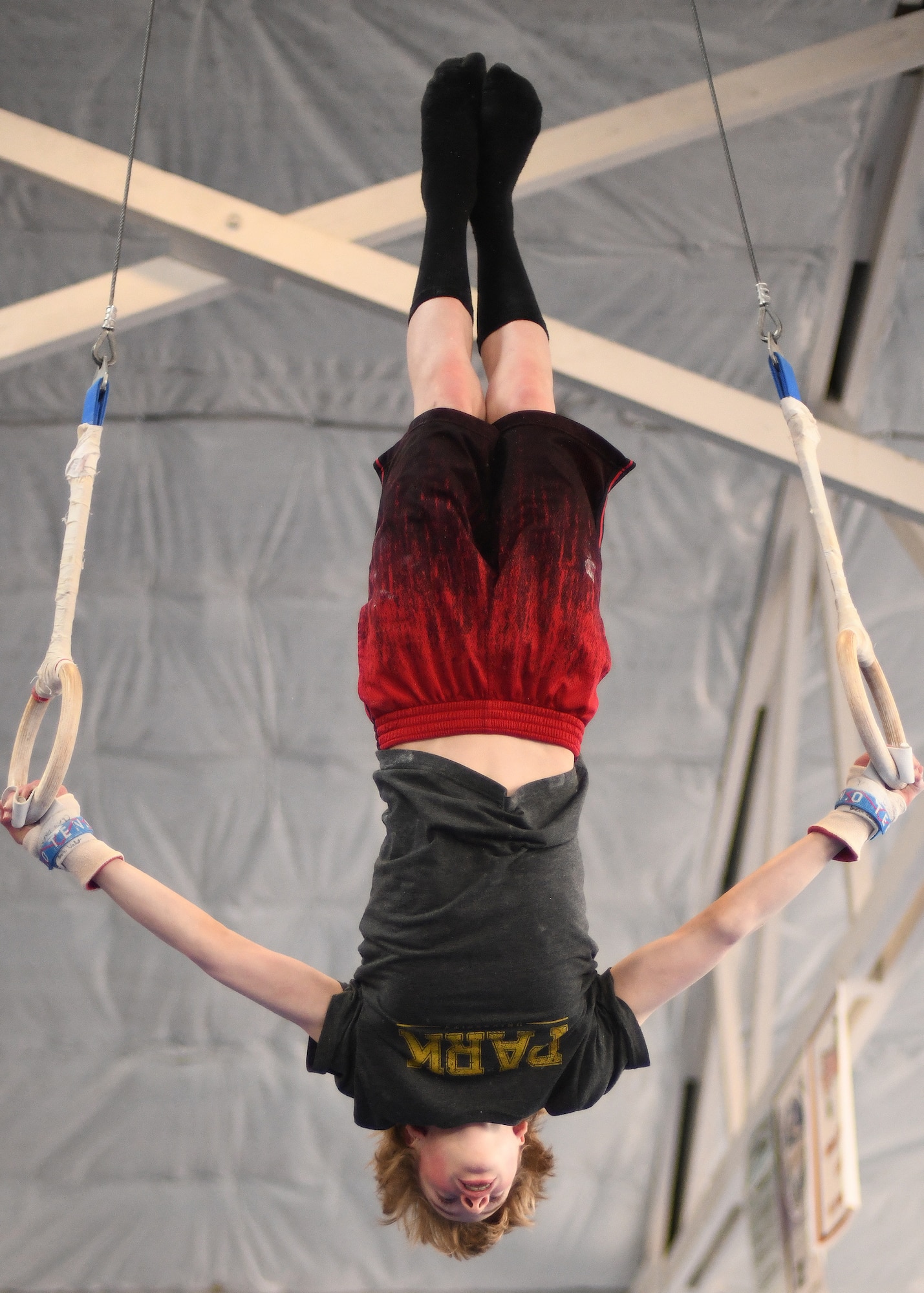 Chris Park, son of Tech. Sgt. Joseph Park, 341st Missile Wing Staff Agencies, practices a rings routine April 11, 2019, in Great Falls, Mont.
