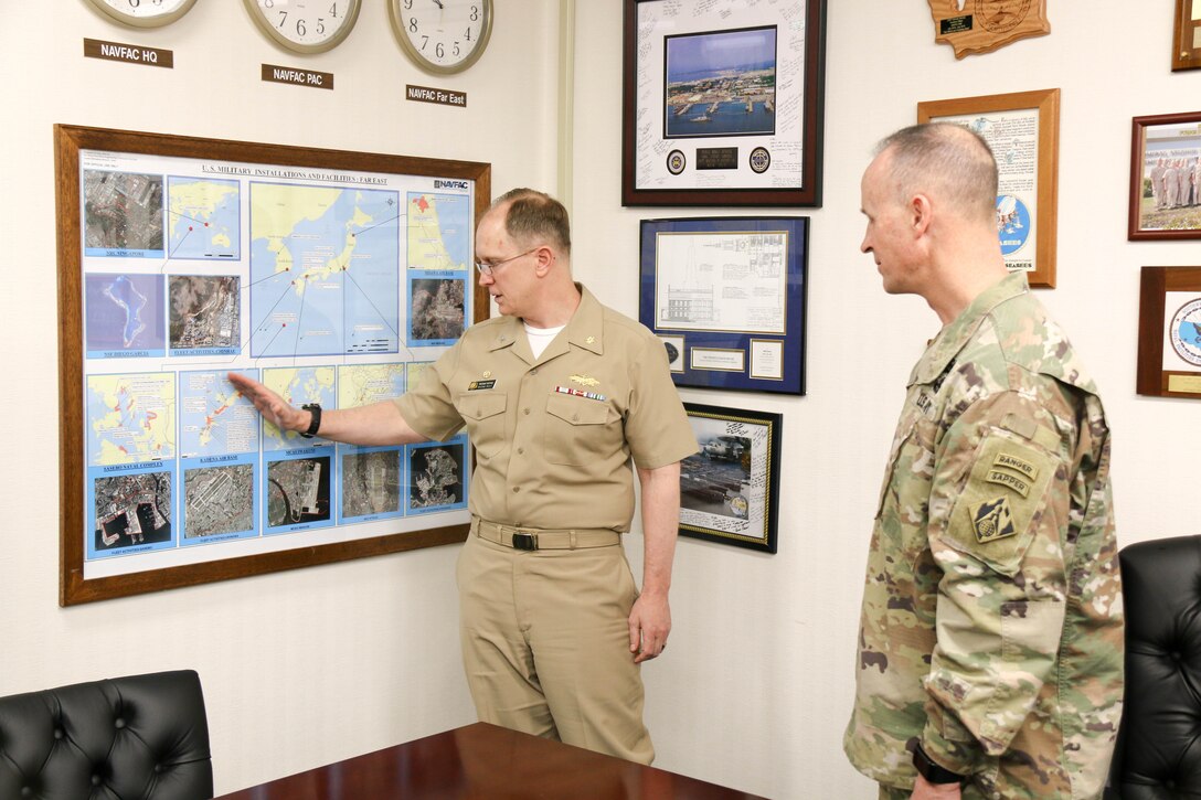 USACE Deputy Commanding General Maj. Gen. Michael C. Wehr meets with Naval Facilities Far East Commander Capt. Michael D. Kenney, Jr. during his visit to the Yokosuka Resident Office.