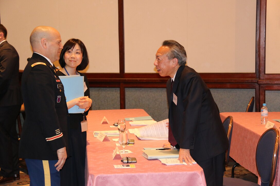 Japan Engineer District Commander Col. Thomas J. Verell, Jr. speaks with Director General for Facilities and Installations, Minister’s Secretariat, Ministry of Defense, Government of Japan Hirotomo Hirai during the 2019 Bilateral Senior Engineer Conference.