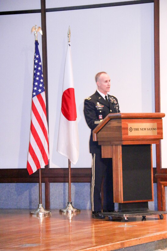 U.S. Army Corps of Engineers Deputy Commanding General Maj. Gen. Michael C. Wehr gives the closing remarks for the Bilateral Senior Engineer Conference in Tokyo, Japan.