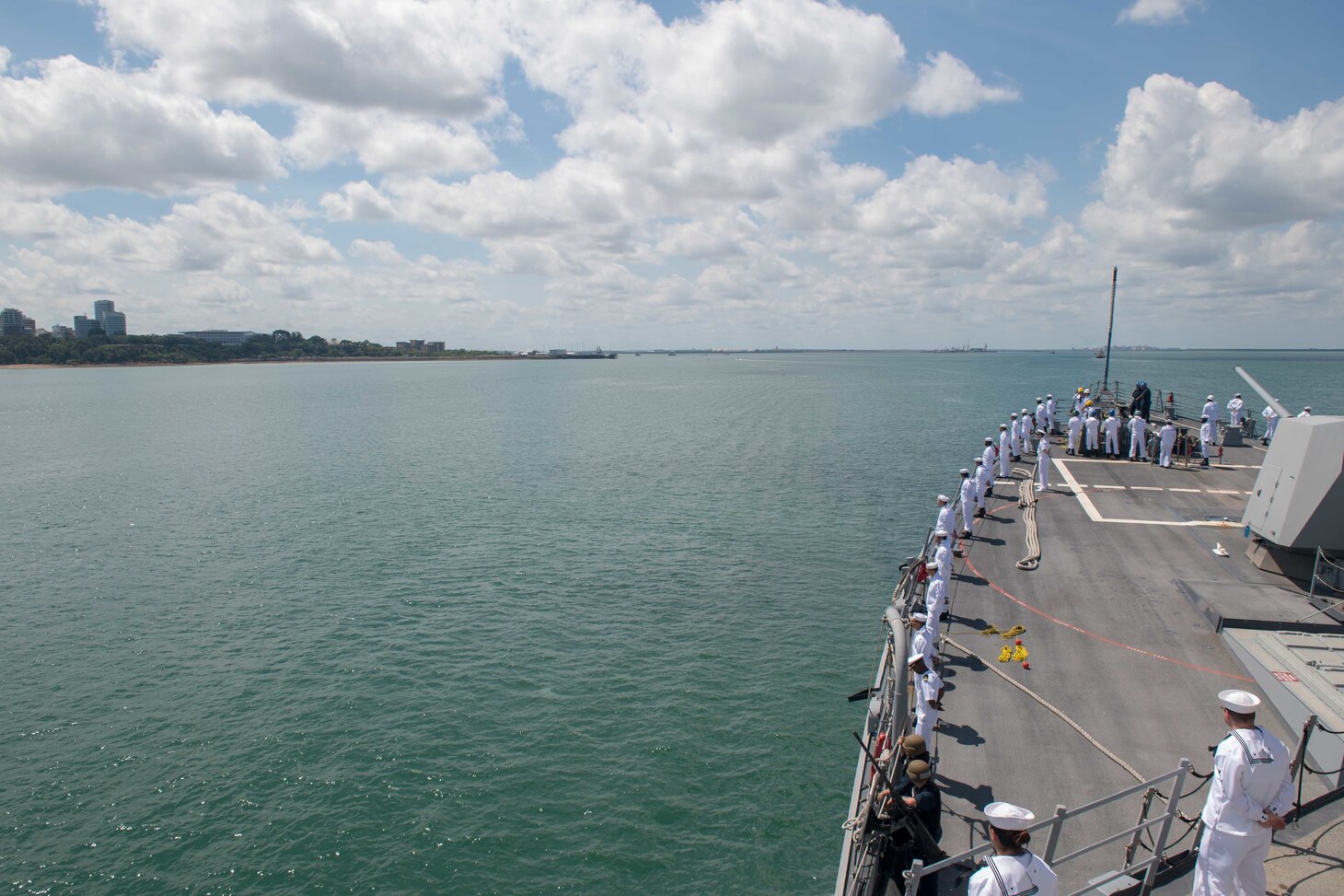 U.S. Navy Sailors assigned to the guided-missile destroyer USS Stockdale (DDG 106), man the rails as the Stockdale pulls into Darwin, Australia, for a port visit, April 17, 2019. The Stockdale is deployed to the U.S. 7th Fleet area of operations in support of security and stability in the Indo-Pacific region.
