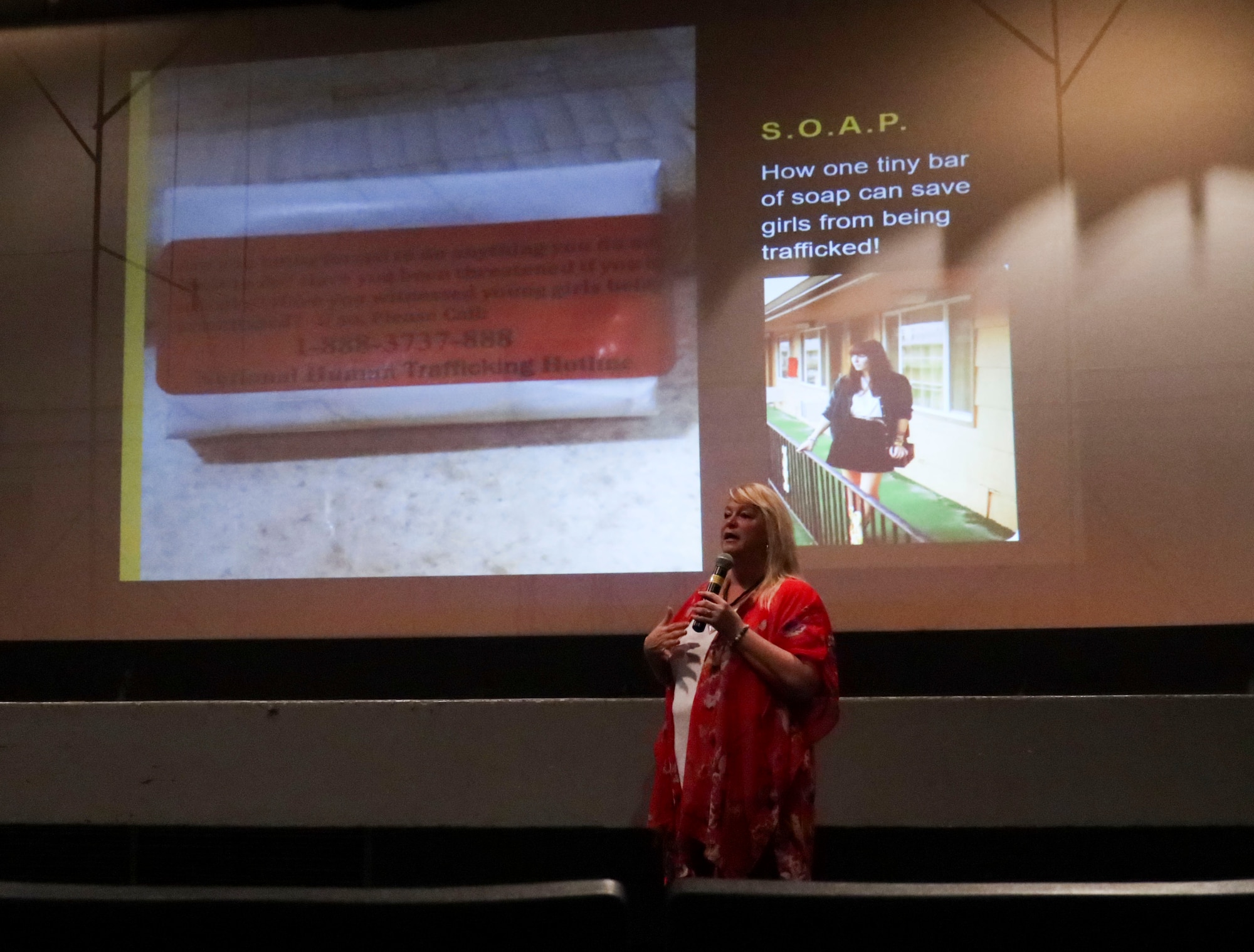 Theresa Flores, human trafficking survivor and author, shares her story to Wright-Patt Airmen, April, 10, 2019, Wright-Patterson Air Force Base, Ohio. Flores was invited to speak in recognition of National Sexual Assault Awareness Month. (U.S. Air Force Photo/Senior Airman Holly Ardern)