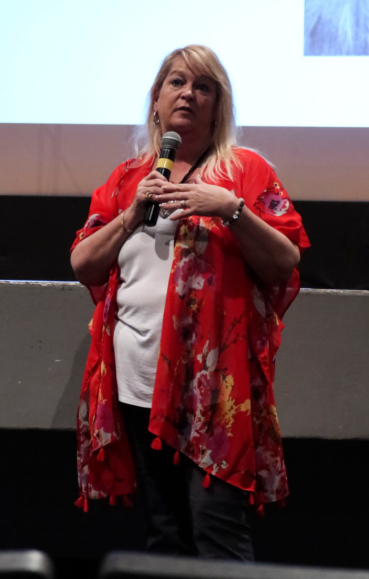 Theresa Flores, human trafficking survivor and author, shares her story to Wright-Patt Airmen, April, 10, 2019, Wright-Patterson Air Force Base, Ohio. Flores was invited to speak in recognition of National Sexual Assault Awareness Month. (U.S. Air Force Photo/Senior Airman Holly Ardern)