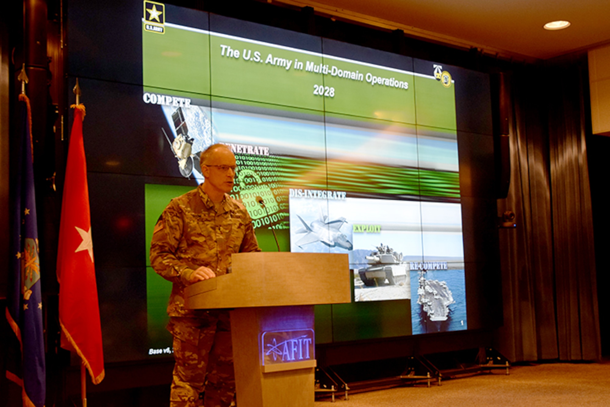 Brigadier General Mark Odom, Director of the Concepts, Futures and Concepts Center, Army Futures Command, stressed the importance of a joint operational understanding to be successful in Multi-Domain Operations. (U.S. Air Force photo/Katie Scott)