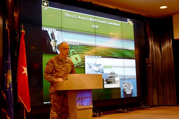 Brigadier General Mark Odom, Director of the Concepts, Futures and Concepts Center, Army Futures Command, stressed the importance of a joint operational understanding to be successful in Multi-Domain Operations. (U.S. Air Force photo/Katie Scott)