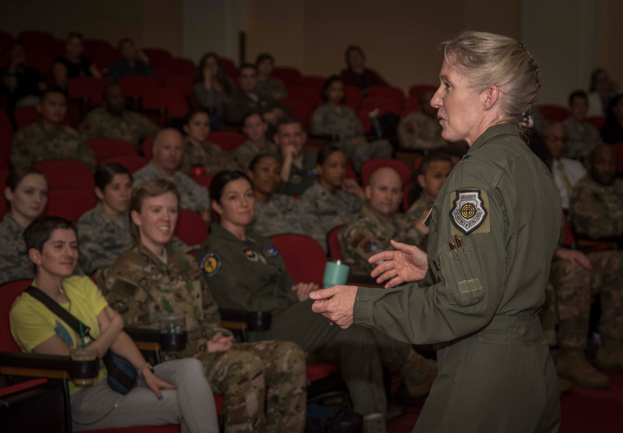Brig. Gen. Jeannie Leavitt, commander of Air Force Recruiting Service, speaks to an audience at the Breaking Barriers event April 10, 2019, in the Fleenor Auditorium, JBSA-Randolph, about her Air Force career and leadership qualities. The purpose of this event was to provide an opportunity for the JBSA community to hear, ask questions and learn from a leader like Brig. Gen. Leavitt as she shares her story as the first female fighter pilot and the first woman to command an Air Force combat fighter wing and talks about effective leadership practices in the Air Force. (U.S. Air Force photo by: Airman 1st Class Shelby Pruitt)